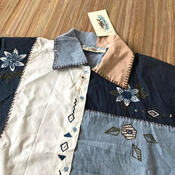Caribbean Pacific Patchwork Embroidered Button-Up Oversized Shirt Vintage 90s - Picture 2 of 4